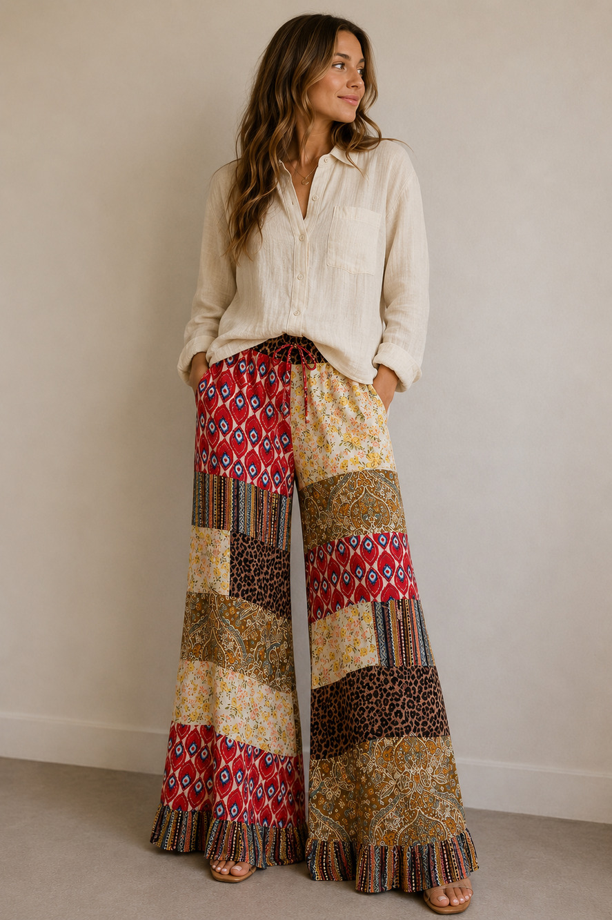 POL Patchwork Wide Leg Boho Pants Medium Hippie Chic Festival Gypsy Style NWOT